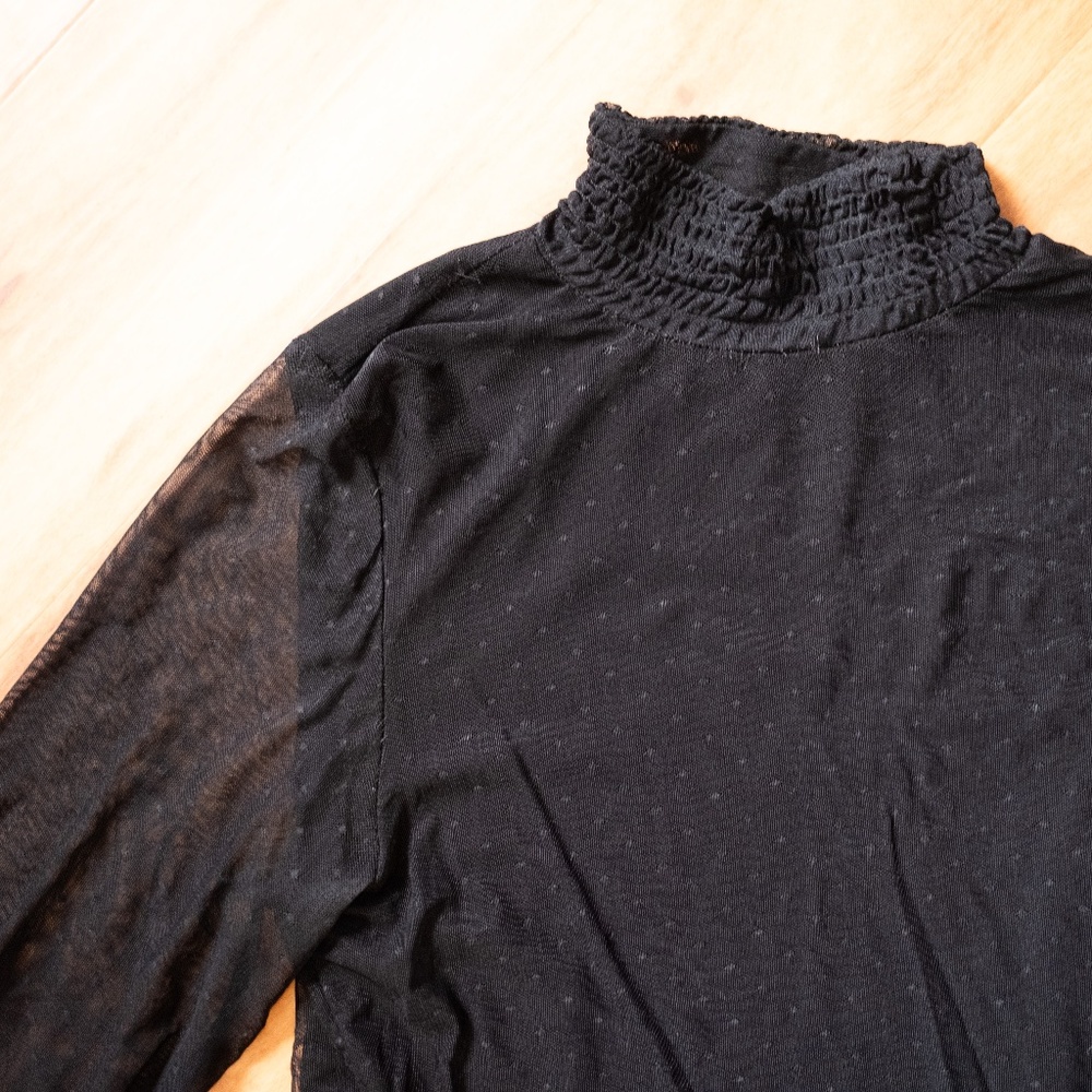 Sanctuary Mesh Sleeve Knit Mockneck Top Large Sheer Layer with Polkadots